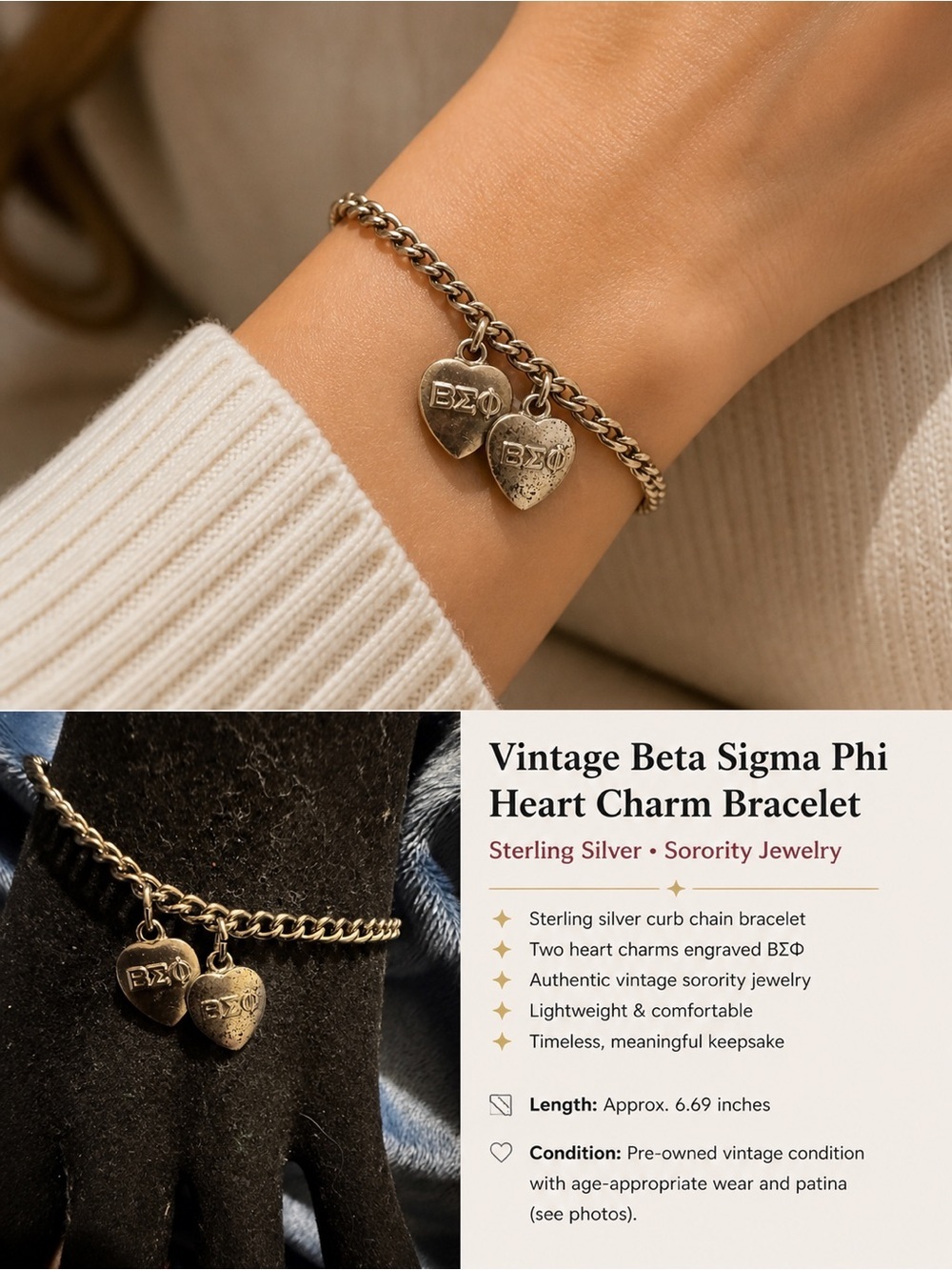 Vintage Beta Sigma Phi Sterling Silver Charm BΣΦ Heart Charms | Sorority  1962